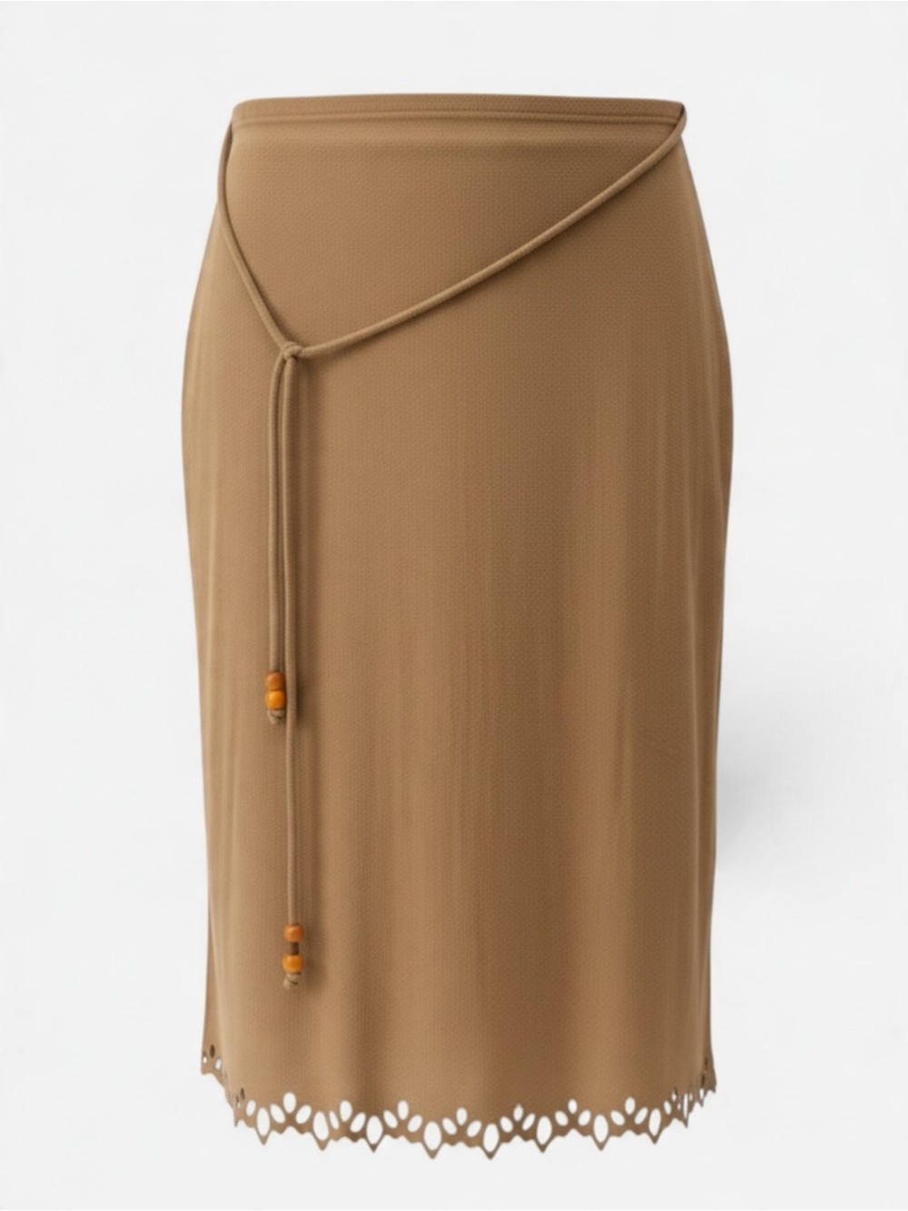 Women's Tan Skirt with Tie Waist and Laser-Cut Hem XS